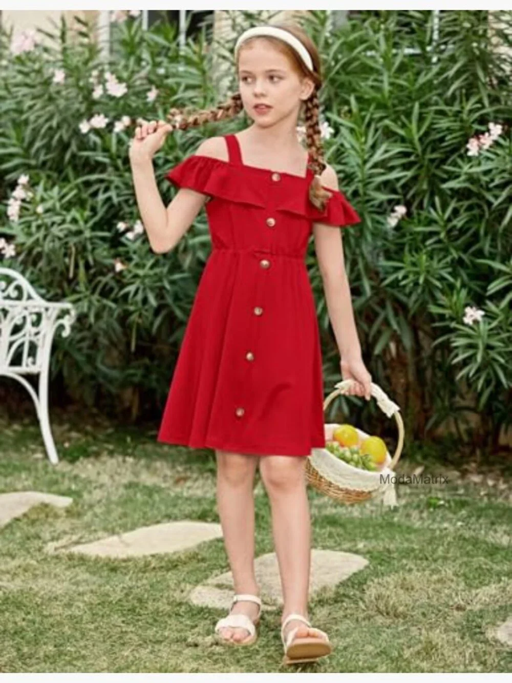 Girls Spaghetti Strap Cold Shoulder Ruffle Button Down A-Line Midi Dress